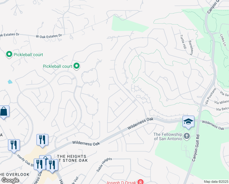 map of restaurants, bars, coffee shops, grocery stores, and more near 24427 Canyon Row in San Antonio