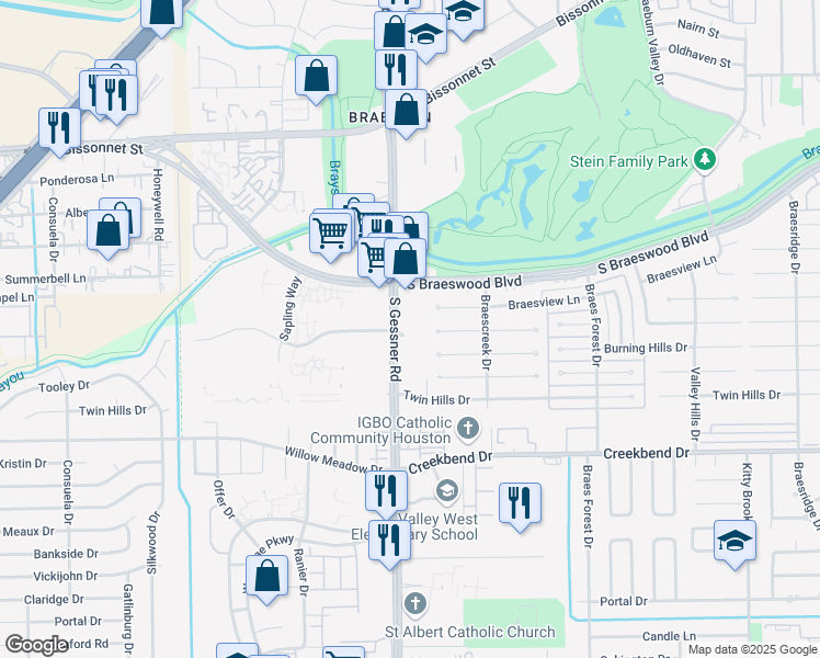 map of restaurants, bars, coffee shops, grocery stores, and more near 10101 South Gessner Road in Houston