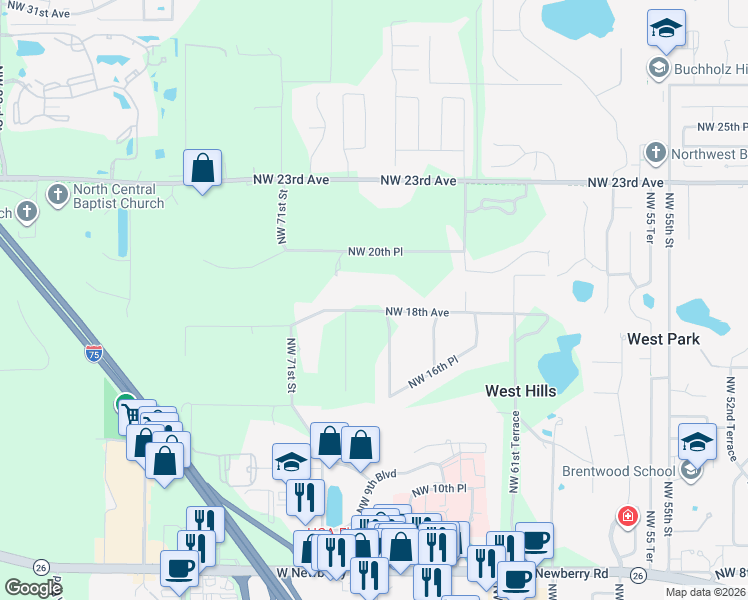 map of restaurants, bars, coffee shops, grocery stores, and more near 6726 NW 18 Ave in Gainesville