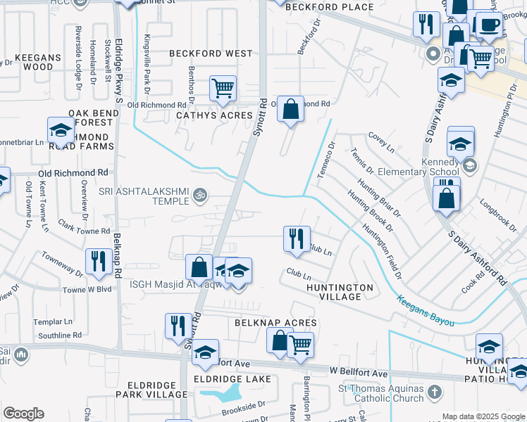 map of restaurants, bars, coffee shops, grocery stores, and more near 10131 Synott Road in Sugar Land