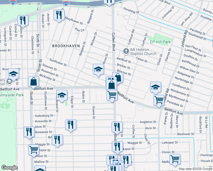 map of restaurants, bars, coffee shops, grocery stores, and more near 4642 Sunflower Street in Houston