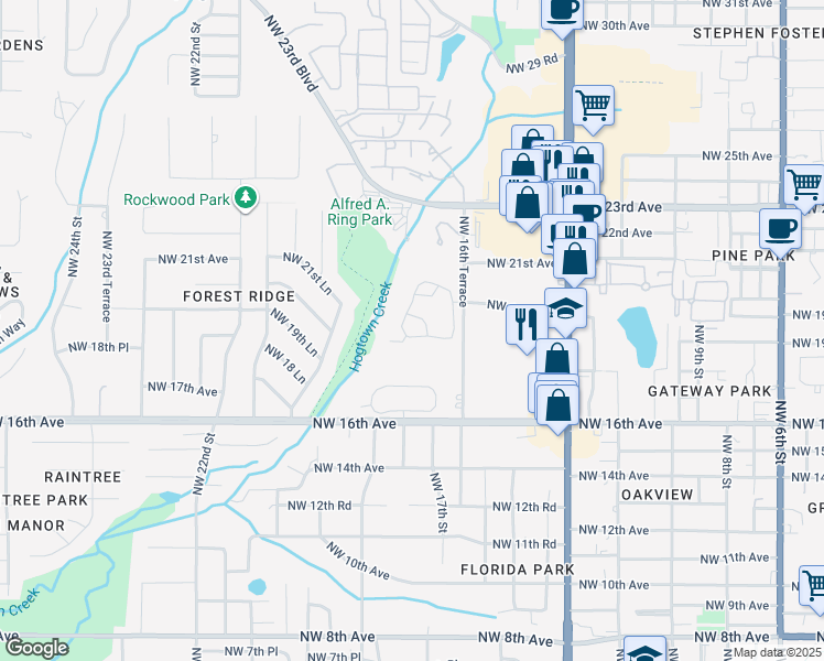 map of restaurants, bars, coffee shops, grocery stores, and more near 1634 Northwest 19th Circle in Gainesville