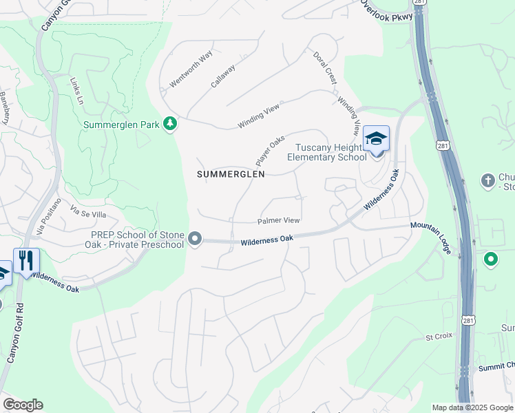 map of restaurants, bars, coffee shops, grocery stores, and more near 24615 Kemper Oaks in San Antonio