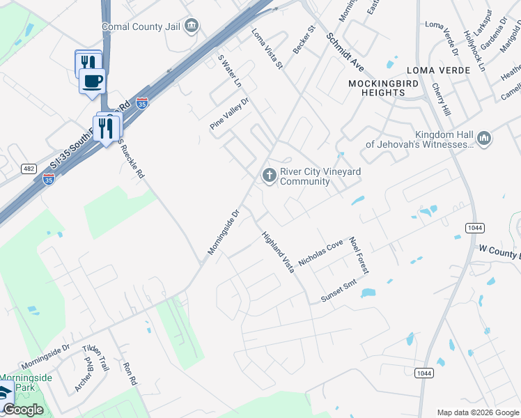 map of restaurants, bars, coffee shops, grocery stores, and more near 773 Vista Parkway in New Braunfels