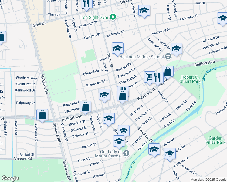 map of restaurants, bars, coffee shops, grocery stores, and more near 6511 Luce Street in Houston