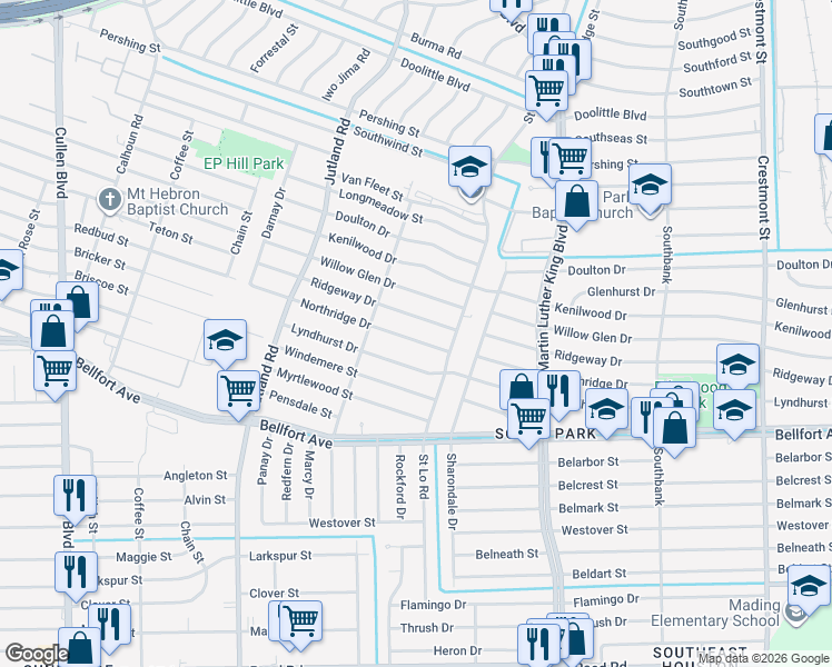 map of restaurants, bars, coffee shops, grocery stores, and more near 5414 Ridgeway Drive in Houston