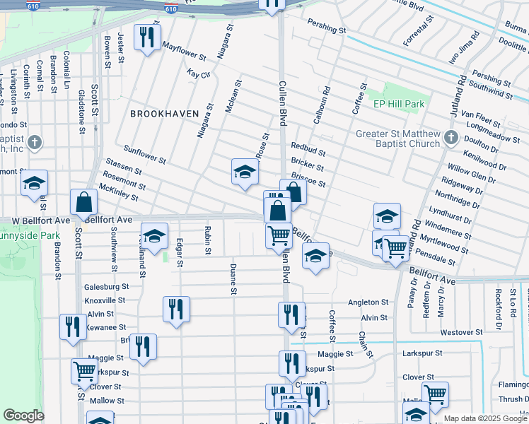 map of restaurants, bars, coffee shops, grocery stores, and more near 4642 Sunflower Street in Houston
