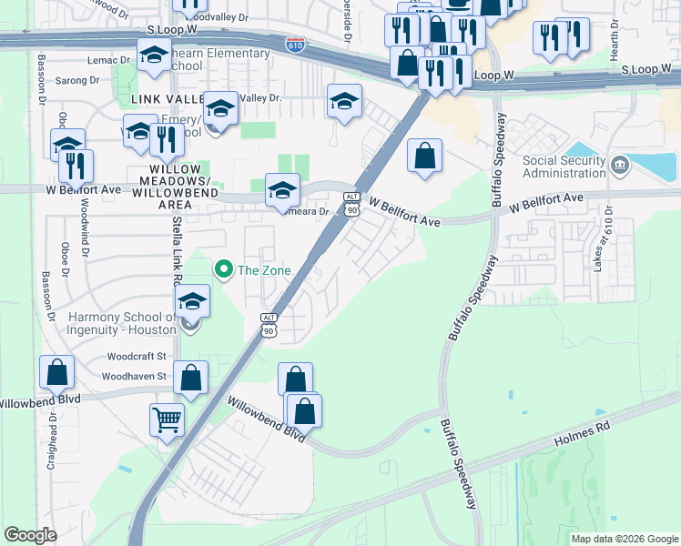 map of restaurants, bars, coffee shops, grocery stores, and more near 10602 Clearview Villa Place in Houston