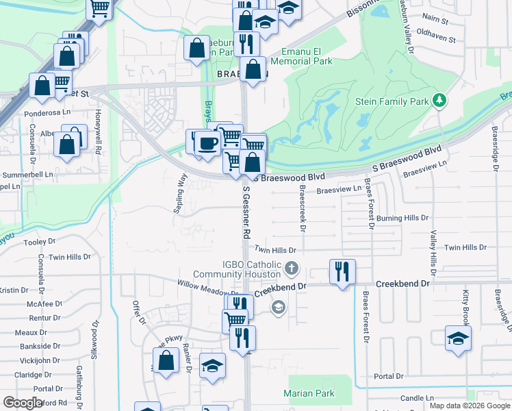 map of restaurants, bars, coffee shops, grocery stores, and more near 10101 South Gessner Road in Houston