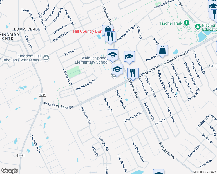 map of restaurants, bars, coffee shops, grocery stores, and more near 1300 West County Line Road in New Braunfels