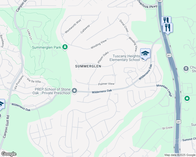 map of restaurants, bars, coffee shops, grocery stores, and more near 24615 Kemper Oaks in San Antonio