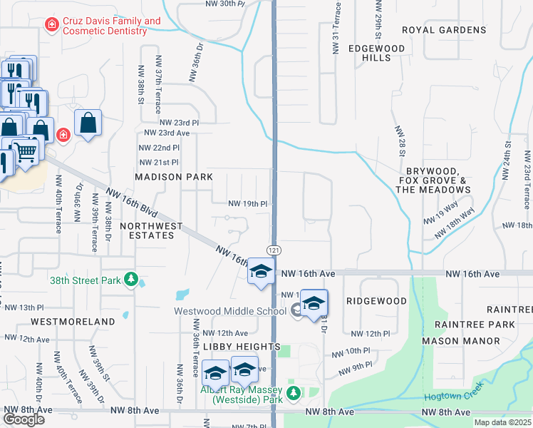 map of restaurants, bars, coffee shops, grocery stores, and more near 1838 Northwest 34th Street in Gainesville