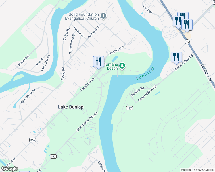map of restaurants, bars, coffee shops, grocery stores, and more near 778 Schumanns Beach Road in New Braunfels