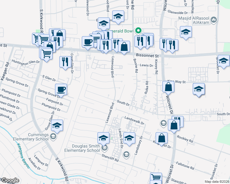 map of restaurants, bars, coffee shops, grocery stores, and more near 9908 Leawood Boulevard in Houston