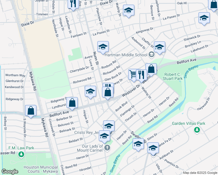 map of restaurants, bars, coffee shops, grocery stores, and more near 6714 Ridgeway Drive in Houston