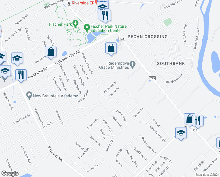 map of restaurants, bars, coffee shops, grocery stores, and more near 249 Val Verde Drive in New Braunfels