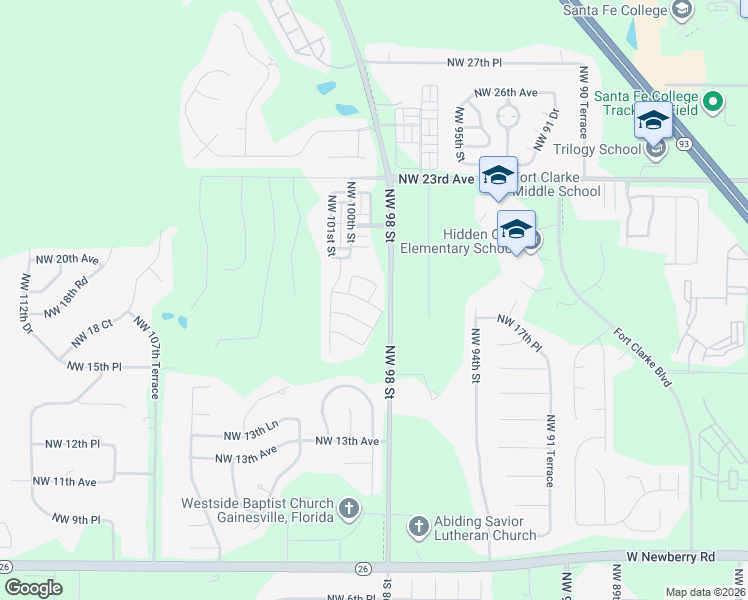 map of restaurants, bars, coffee shops, grocery stores, and more near 9916 Northwest 18th Road in Gainesville