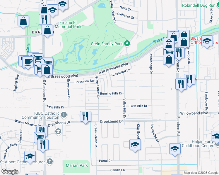 map of restaurants, bars, coffee shops, grocery stores, and more near 10026 Murray Brook Dr in Houston