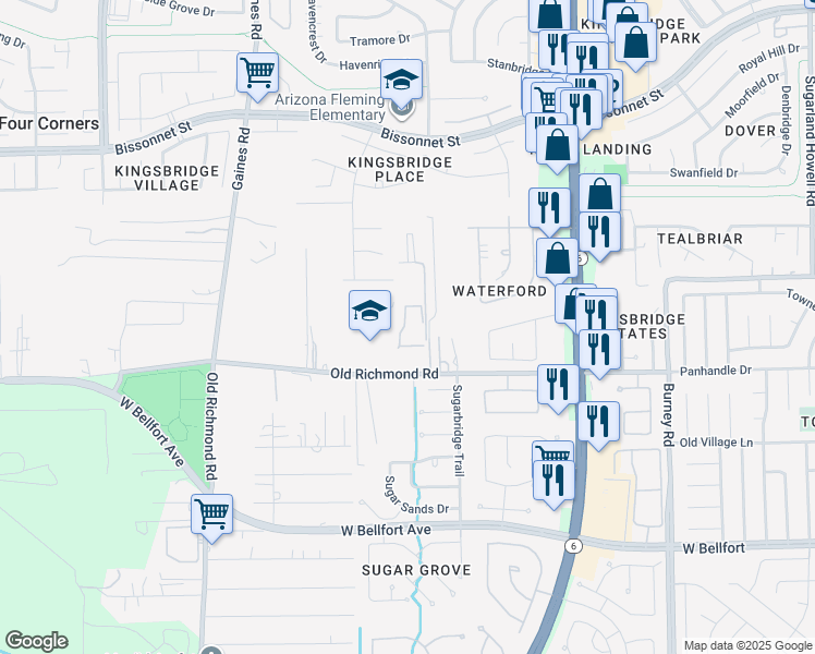 map of restaurants, bars, coffee shops, grocery stores, and more near 15014 Old Richmond Road in Sugar Land