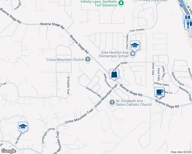 map of restaurants, bars, coffee shops, grocery stores, and more near 8410 Grapevine Pass in San Antonio