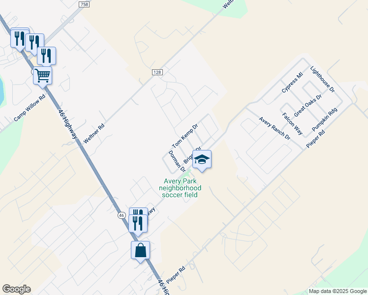 map of restaurants, bars, coffee shops, grocery stores, and more near 2135 Wiltshire Drive in New Braunfels