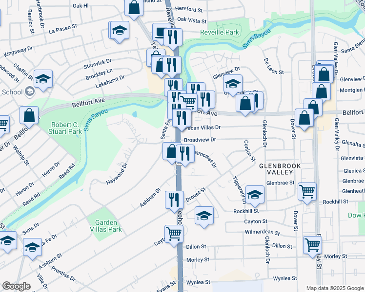 map of restaurants, bars, coffee shops, grocery stores, and more near 6511 Texas 35 in Houston