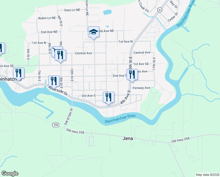 map of restaurants, bars, coffee shops, grocery stores, and more near 218 13th Street East in Steinhatchee