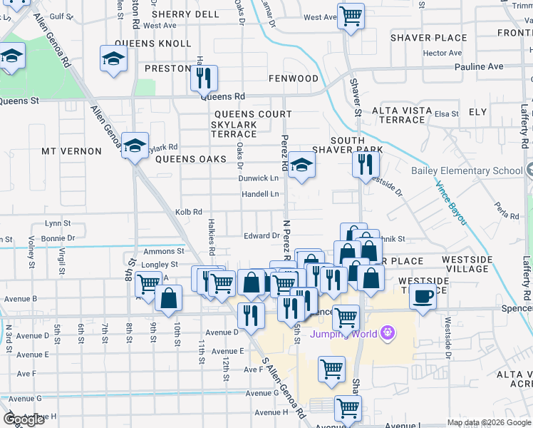 map of restaurants, bars, coffee shops, grocery stores, and more near 415 Betty Street in South Houston