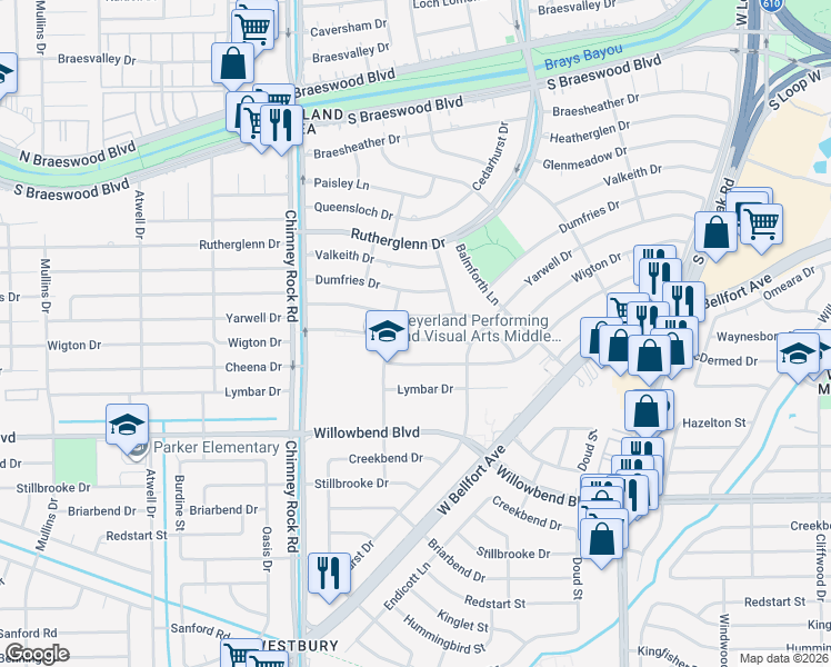 map of restaurants, bars, coffee shops, grocery stores, and more near 5234 Wigton Drive in Houston