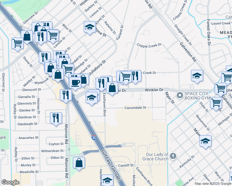 map of restaurants, bars, coffee shops, grocery stores, and more near 8926 Winkler Drive in Houston