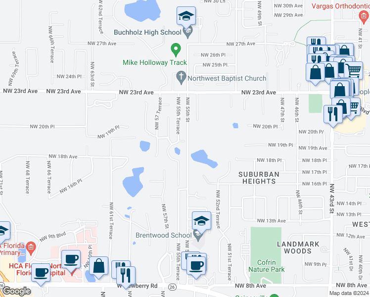 map of restaurants, bars, coffee shops, grocery stores, and more near 1910 Northwest 55th Street in Gainesville