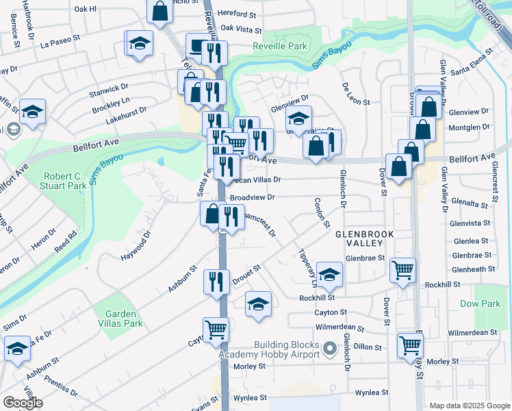 map of restaurants, bars, coffee shops, grocery stores, and more near 7636b Broadview Drive in Houston