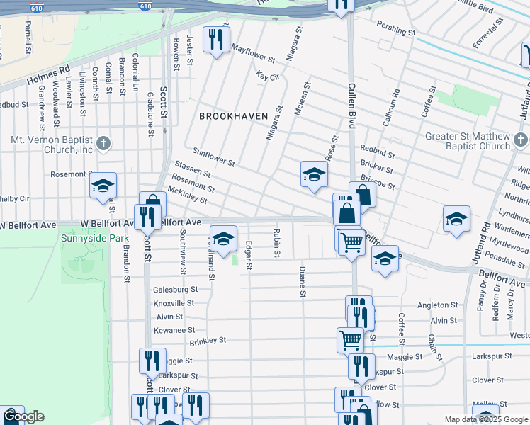 map of restaurants, bars, coffee shops, grocery stores, and more near 4510 Rosemont Street in Houston