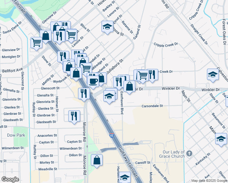 map of restaurants, bars, coffee shops, grocery stores, and more near 8816 Winkler Drive in Houston
