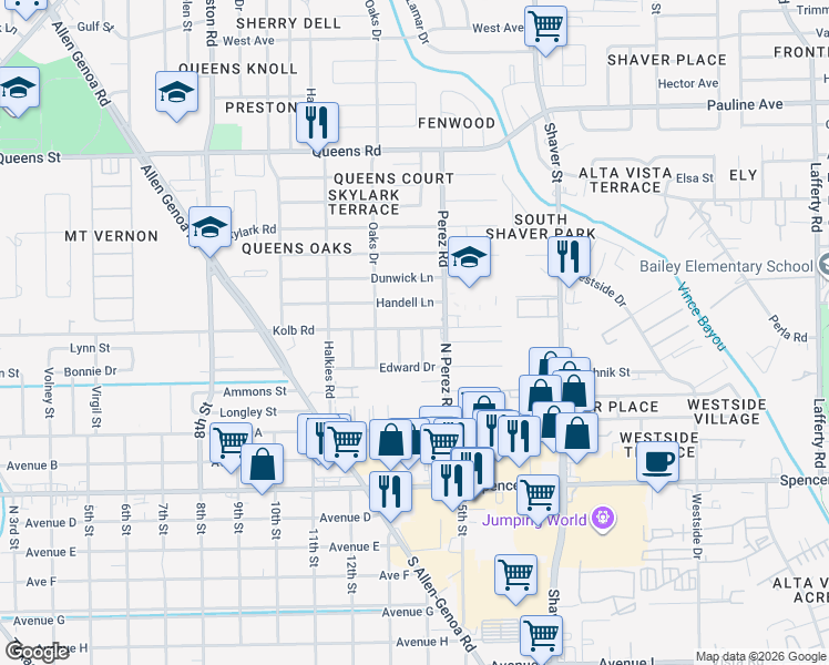 map of restaurants, bars, coffee shops, grocery stores, and more near 415 Betty Street in South Houston