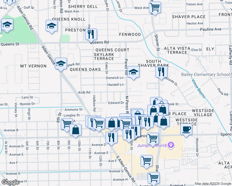 map of restaurants, bars, coffee shops, grocery stores, and more near 415 Betty Street in South Houston