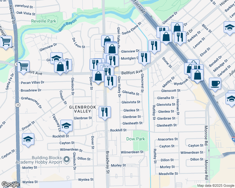 map of restaurants, bars, coffee shops, grocery stores, and more near 8406 Glen Valley Drive in Houston