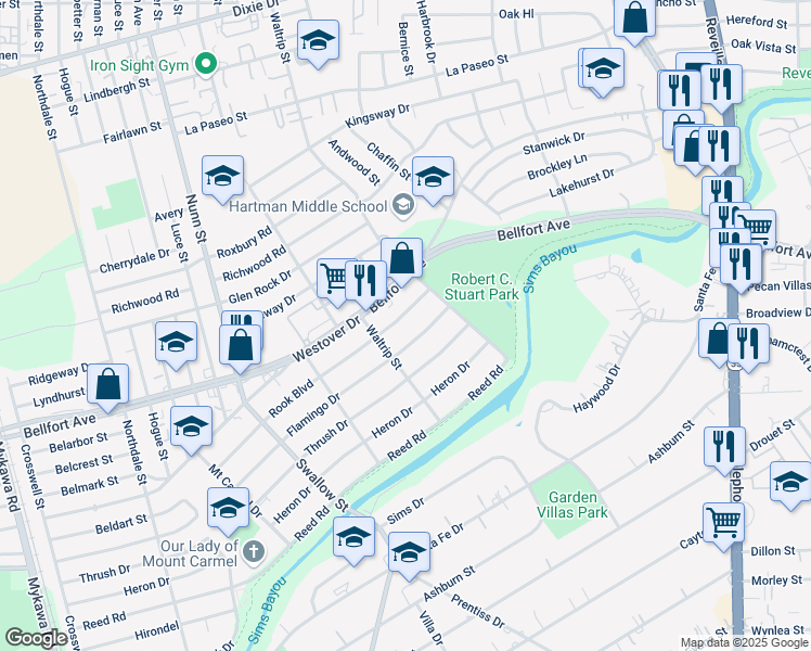 map of restaurants, bars, coffee shops, grocery stores, and more near 7122 Rook Boulevard in Houston