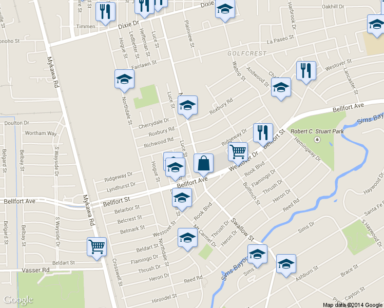 map of restaurants, bars, coffee shops, grocery stores, and more near 6511 Luce Street in Houston