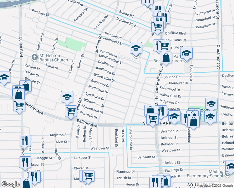 map of restaurants, bars, coffee shops, grocery stores, and more near 5319 Northridge Drive in Houston