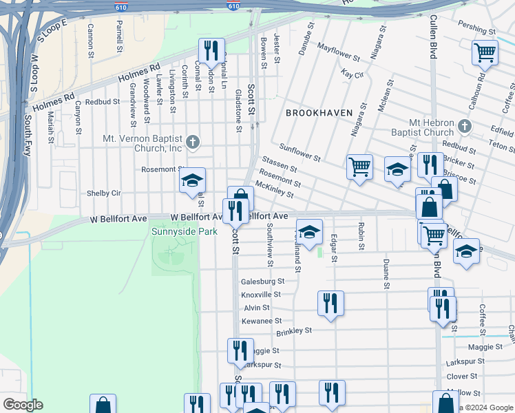 map of restaurants, bars, coffee shops, grocery stores, and more near 3913 Lowden Street in Houston