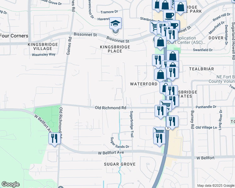 map of restaurants, bars, coffee shops, grocery stores, and more near 15014 Old Richmond Road in Sugar Land