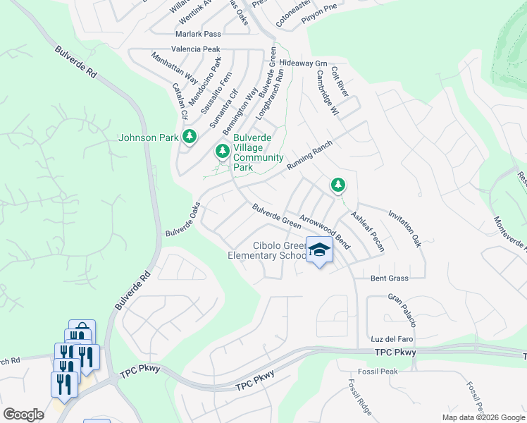 map of restaurants, bars, coffee shops, grocery stores, and more near Bulverde Green in San Antonio