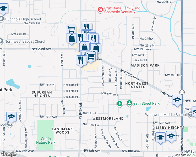 map of restaurants, bars, coffee shops, grocery stores, and more near 4019 Northwest 19th Place in Gainesville