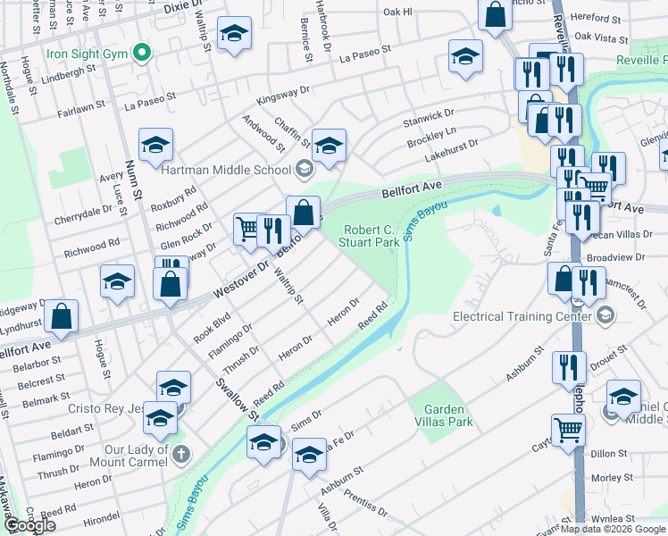 map of restaurants, bars, coffee shops, grocery stores, and more near 7148 Flamingo Drive in Houston