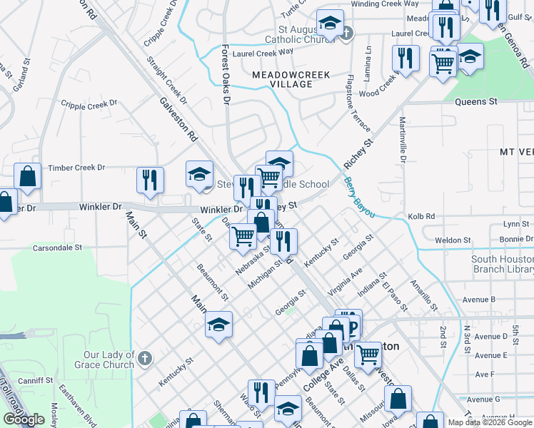 map of restaurants, bars, coffee shops, grocery stores, and more near 602 Dumont St in South Houston