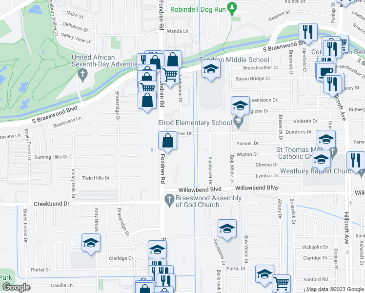 map of restaurants, bars, coffee shops, grocery stores, and more near 6535 Dumfries Drive in Houston