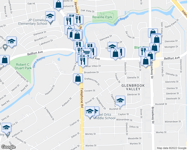 map of restaurants, bars, coffee shops, grocery stores, and more near 7636b Broadview Drive in Houston