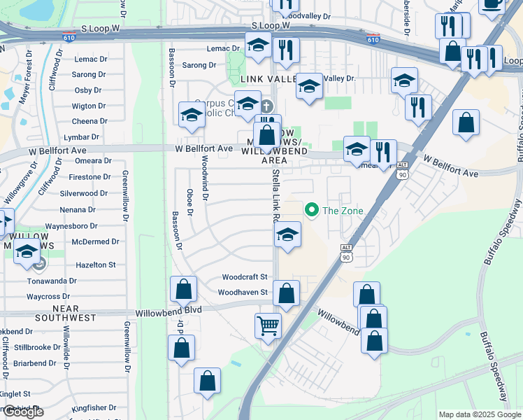 map of restaurants, bars, coffee shops, grocery stores, and more near 4010 McDermed Drive in Houston