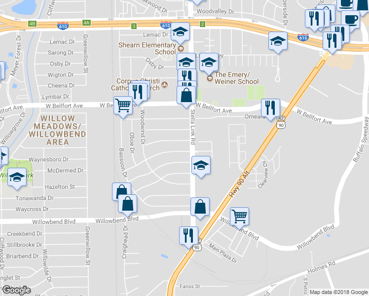 map of restaurants, bars, coffee shops, grocery stores, and more near 4010 Mcdermed Dr in Houston